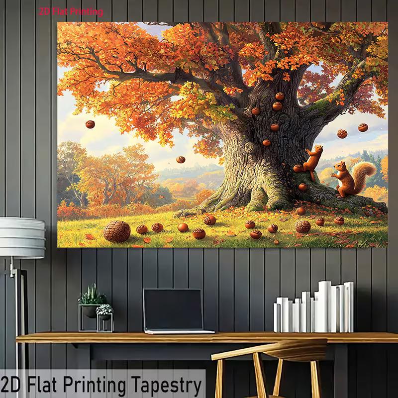 2D Fall Forest Backdrop, Autumn Oak Tree with Squirrels Background for Harvest Festival Decor