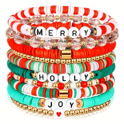 Christmas Holiday Bracelet Pack, 10 Pcs - Festive Polymer Clay Stretch Bracelets, Gift Set for Women, Seasonal Party Jewelry Accessory
