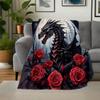 "Dark Fantasy Dragon with Red Roses Wall Art Print"Blanket Flannel Throw Blanket for Sofa, Bed, Travel, Camping, Office, Couch, Chair, And B