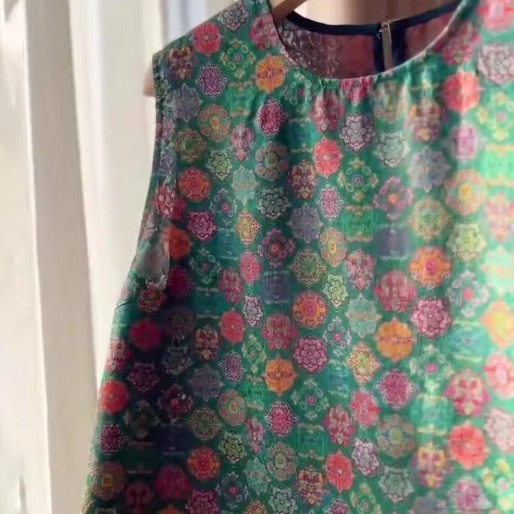 Fashion Retro Green Printed Sleeveless Vest Women's 2025 New Unique Beautiful and Thin Shirt