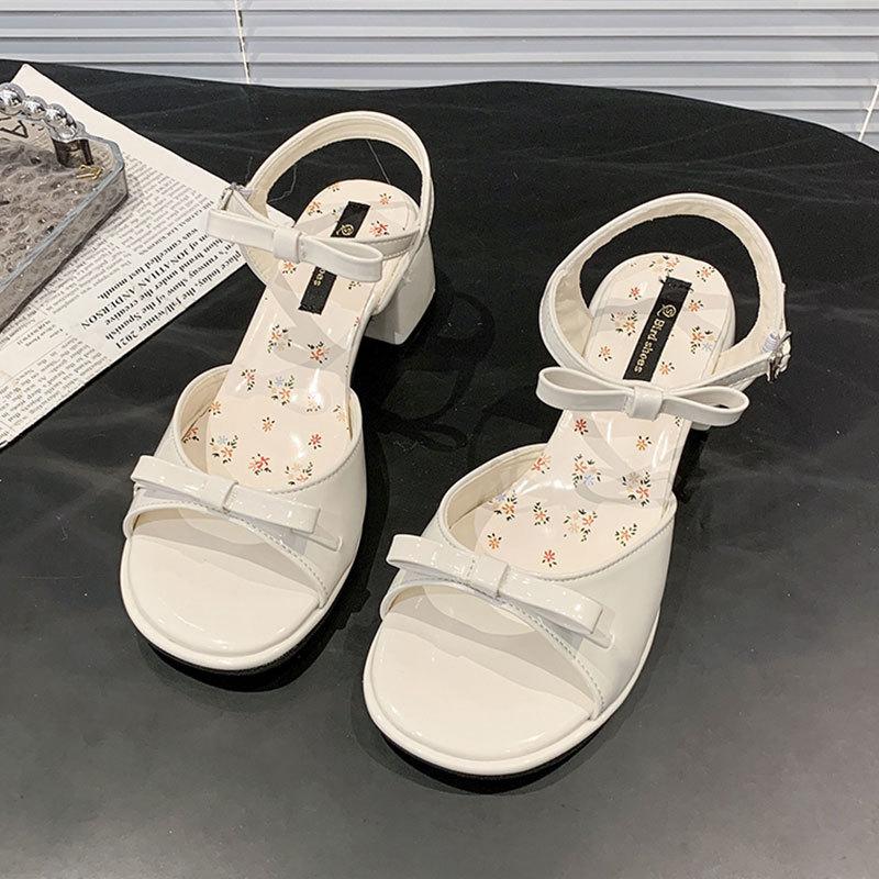Gentle Bow Thick Heel Sandals Women's Summer New with Skirt Versatile One-word Belt Sandals
