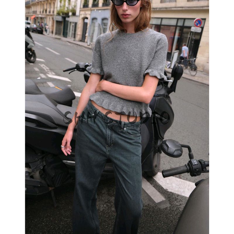 Autumn New Women's Clothing Idle Style round Neck Silm Short Sleeve Laminated Decoration Knitwear 2756130