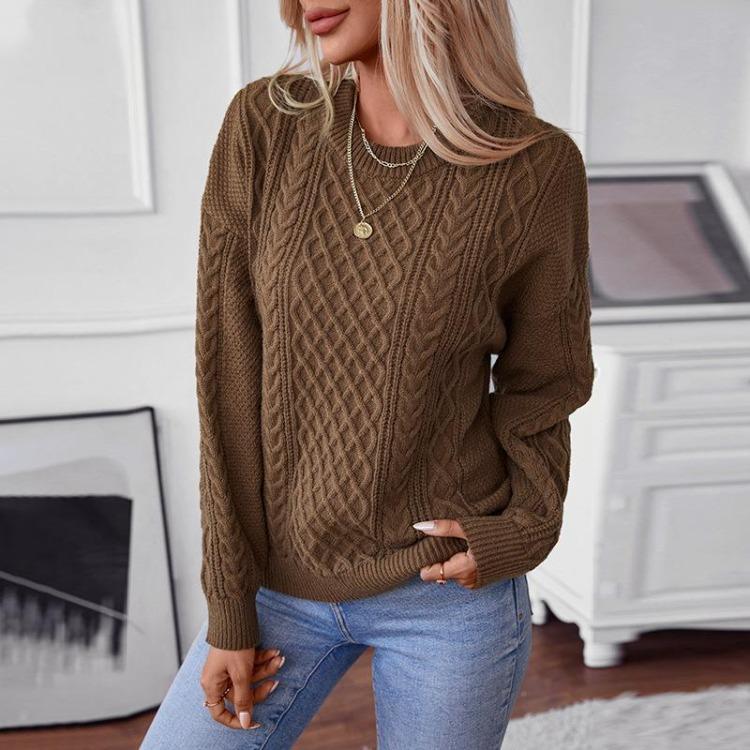 Women Chunky Cable Knit Oversized Pullover Sweater Crew Neck Long Sleeve Solid Color Casual Woven Tops Fall