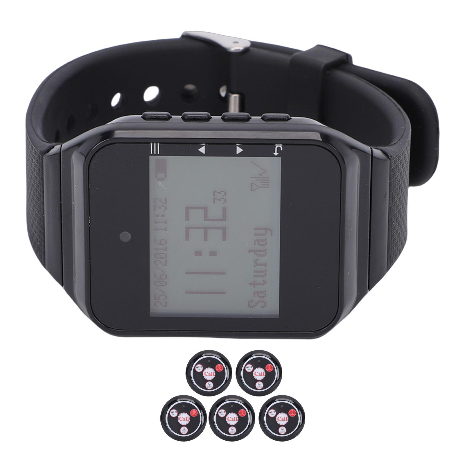 

Wireless Calling System Waiter Service System with 5pcs 4 Key Call Buttons 1 Watch Receiver IPX4 Water Proof for Restaurant Cafe Factory