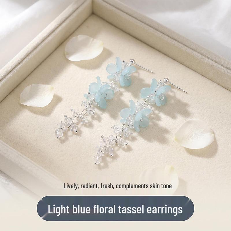 Sterling Silver Blue Floral Tassel Earrings with Beaded Design