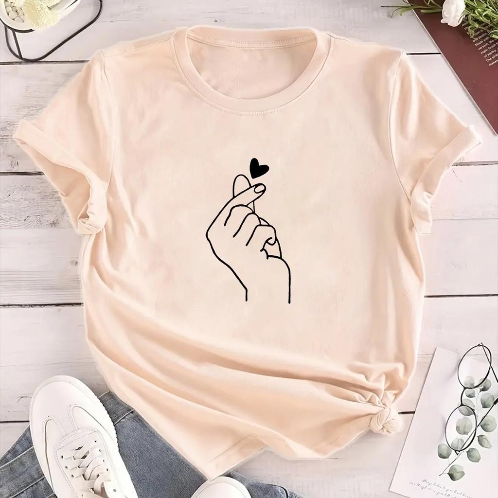 Finger Heart Print Unisex T-shirt Short Sleeve Crew Neck Casual Top for Summer & Spring WoUnisex Clothing Female TopsTees