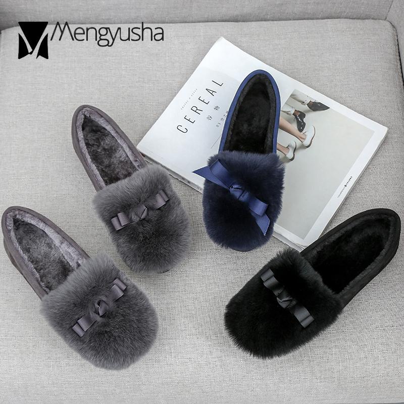 Зимние женские туфли на плоской подошве из кроличьего меха с бантом и плюшевыми — фото 2