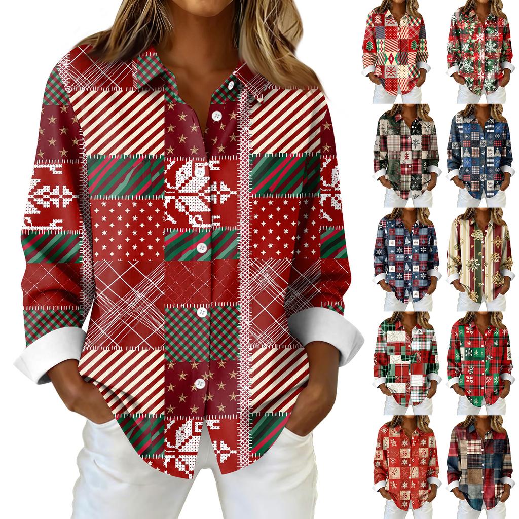 Women's Shirt Blouse Christmas Print Button Long Sleeve Casual Basic Shirt Collar Regular Top