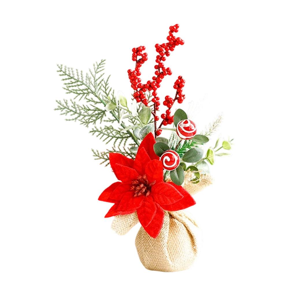 Desktop Xmas Tree Decoration with Red Berries and Burlap Base Mini Christmas Decor for Home Office Party