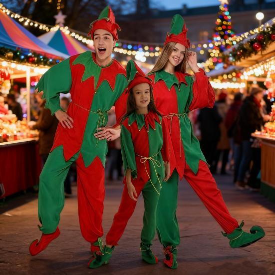 Різдвяний костюм ельфа для сім'ї, дорослих, дітей, наряд ельфа, червоно-зелений колор-блок, шапка ельфа, топ, штани та пояс, святкове вбрання для святкової вечірки для тата, мами, дітей