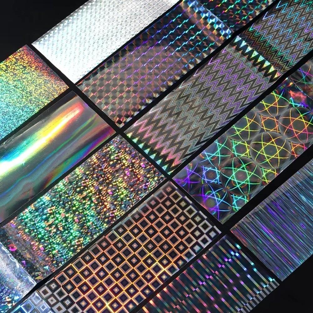 

10PCS Silver Laser Nail Art Foil Geometric Irridescent Rainbow Holographic Manicure Decals Aurora Sequin Effect