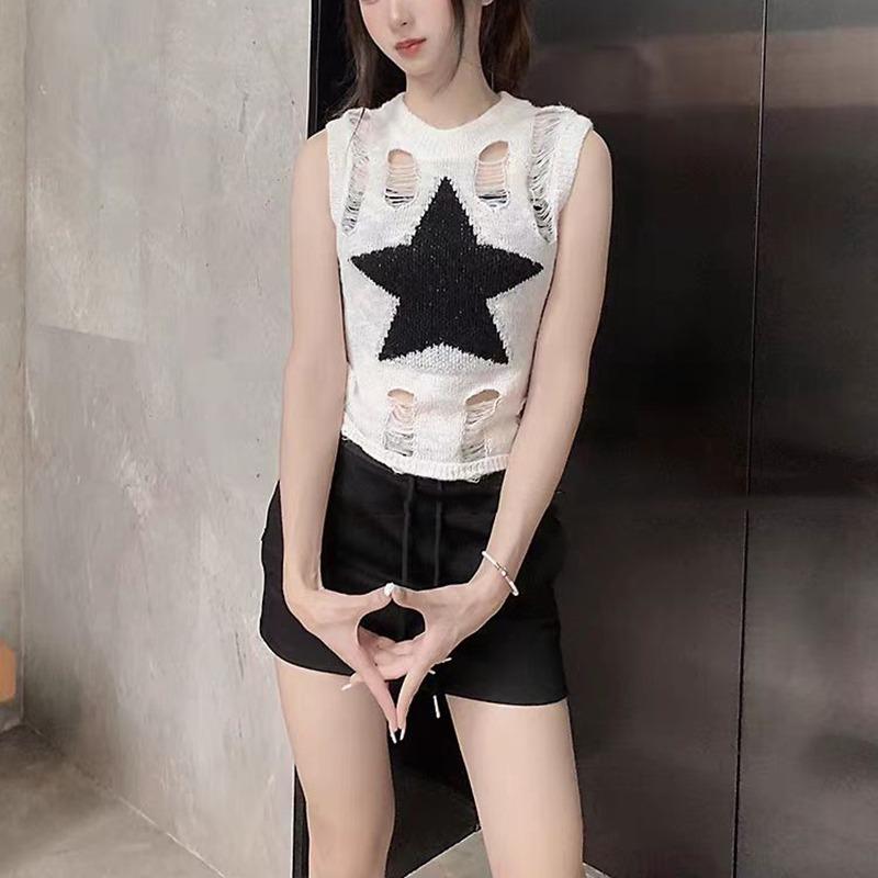 Fashion Sleeveless Sexy Women Ripped Design Shirt O-neck Loose Casual Hollow Out New Casual O Neck Vest Slim Fit Knitted Hole Star TopsY2k Tank Top