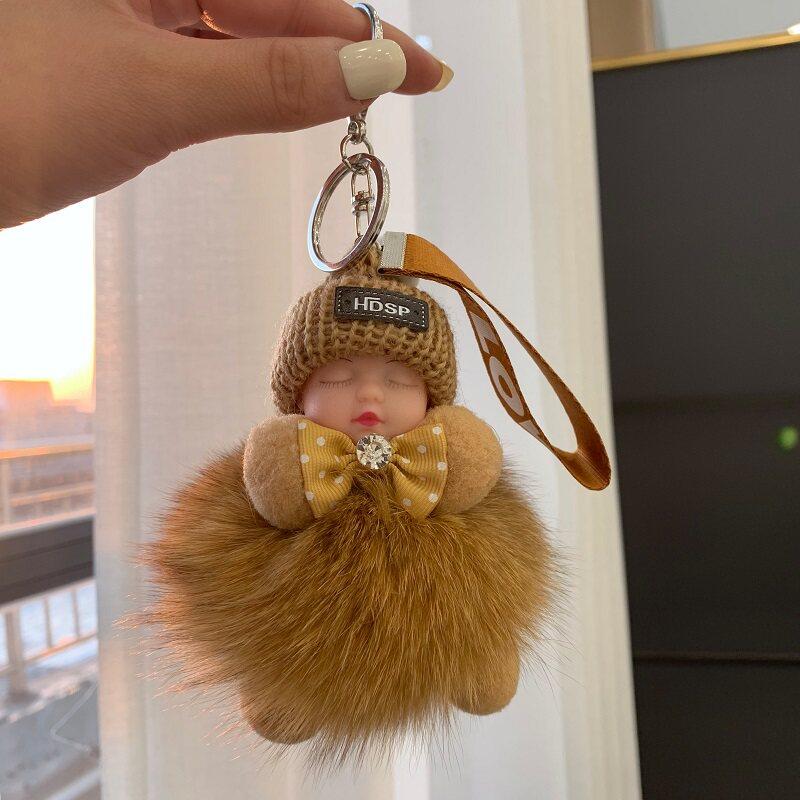 Schlafendes Baby Plüsch Schlüsselanhänger Anhänger Niedliche Fuchs Puppe Schlüsselanhänger Mädchen Taschen Anhänger Auto Schlüsselanhänger Luxus Rucksack Dekoration Zubehör 12 cm brown