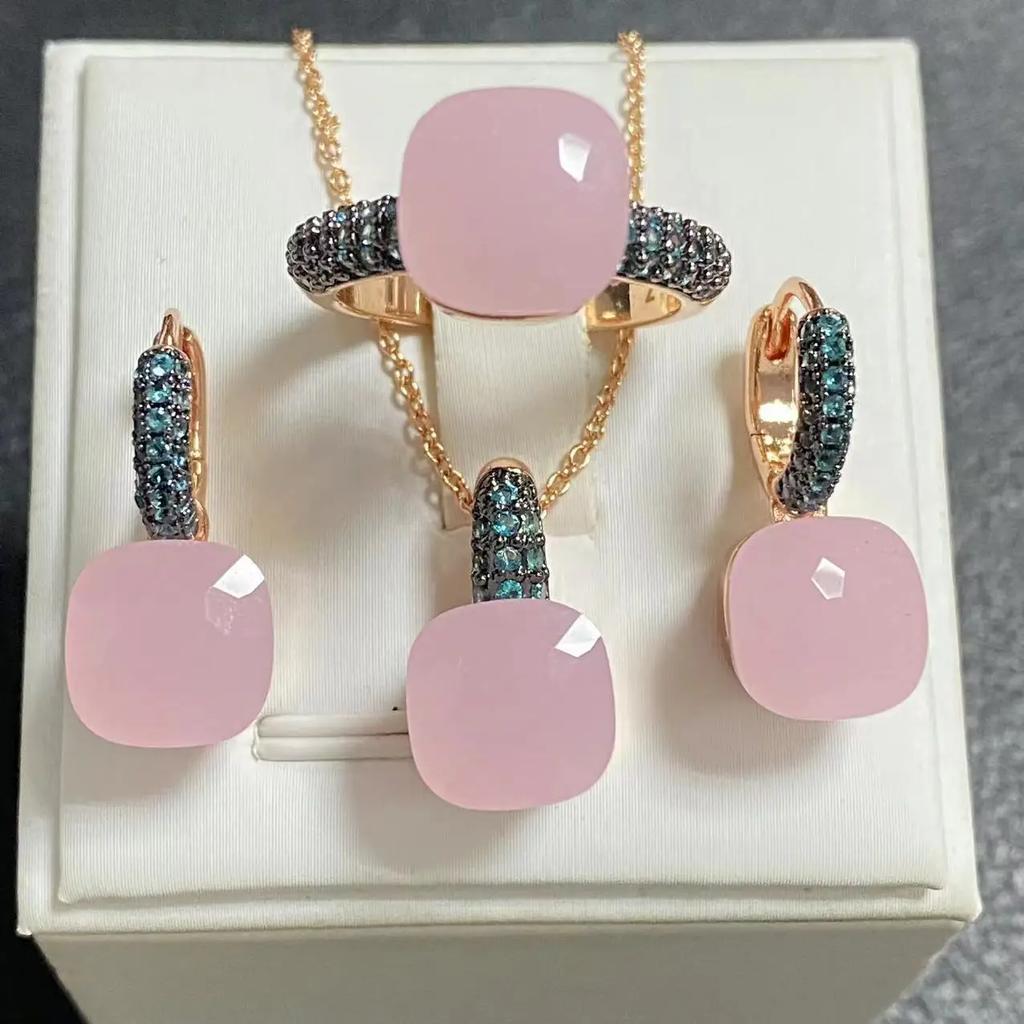 3Pcs Gun Black Plated Blue Zircon Jewelry Set for Women Includes Ring Earrings Necklace Elegant Crystal Blue Topaz Matching Gift