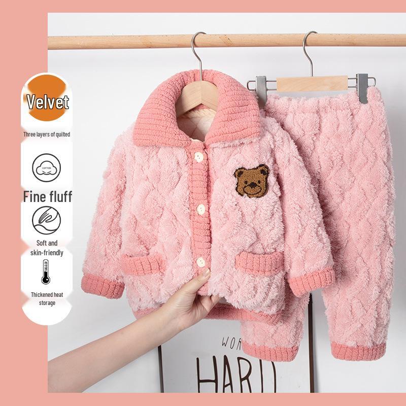 Winter Kids' Flannel Pajamas: Boys & Girls Coral Fleece, Velvet-Lined, Three-Layer Quilted Parent-Child Sleepwear