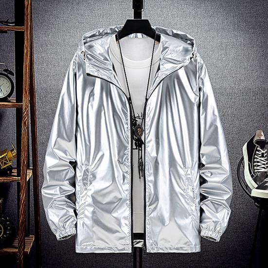 Herren Kapuzenjacke Glänzende Oberfläche Reißverschluss Einfarbig Slim Fit Wasserdicht Frühling Herbst Elastische Bündchen Mantel Streetwear