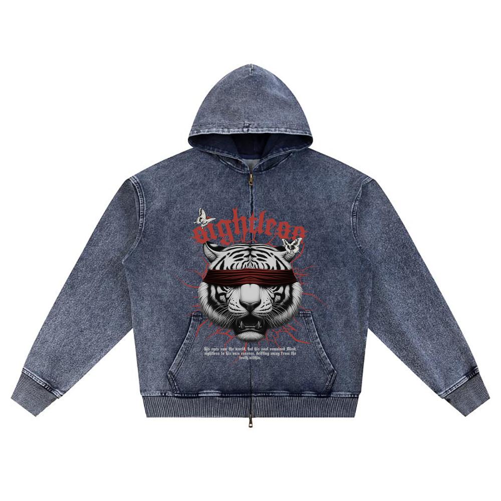 DTG print Knitted Denim Zip-Up Hoodie Sightless Brother Print Zipper Hoodies