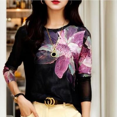 New Winter Mesh Printed Round Neck Pullover Top Versatile Long-sleeved Commuting Casual Base T-shirt