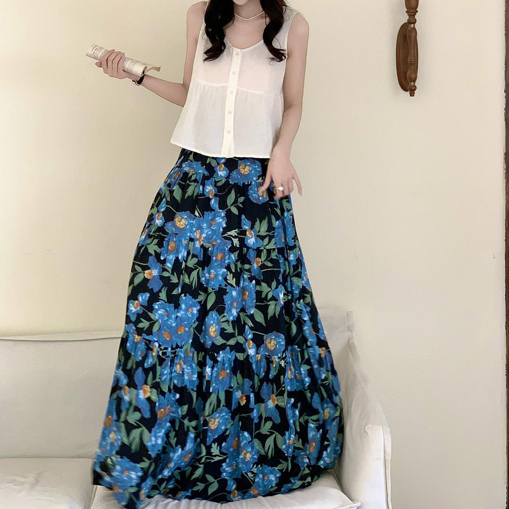 Sweet floral cake skirt female summer high waist A-fold skirt temperament fairy skirt gentle cotton and silk nightdress