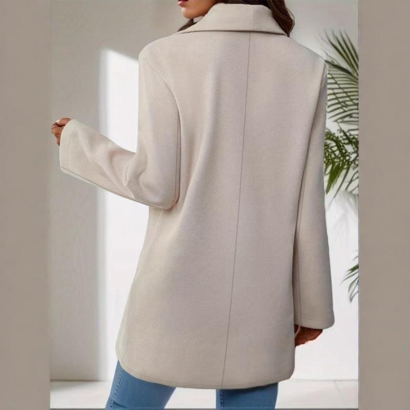 Women Solid Color Turn Down Collar Long Sleeve Woolen Winter Coat Outerwear