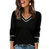 Women's Color Block V-Neck Long Sleeve Pullover Sweater with Decorative Buttons
