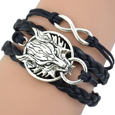 Damen-Armband mit Retro-Wolfskopf-Charm, unendlich geflochtenes Wachskordel-Armband aus Kunstleder