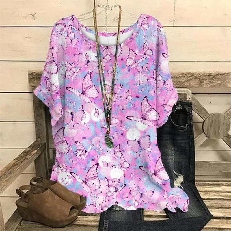 Summer Round Neck 3D Floral Butterfly Printed Top Fashionable Casual Short Sleeved Women's Plus SizeT-shirts