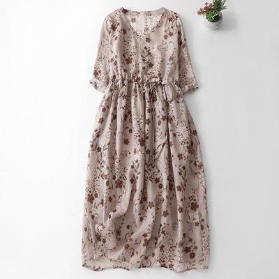 Lace-up Printed V-neck Cotton and Linen Dress 2025 Summer New Elegant Temperament Floral Design Sense Niche Women's Clothing