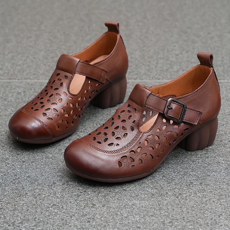New spring and summer thick heel breathable single shoes women's first layer cowhide hollow hole shoes leather shoes mother shoes