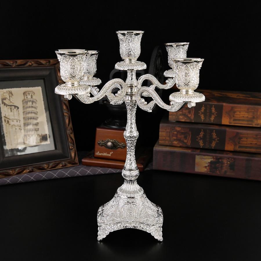 

European Style Wedding Candleholder Decorative Vintage Five-Headed Candlestick Holder for Home Restaurant Party Decoration 25.5x25.5x31cm&1Pc срібний