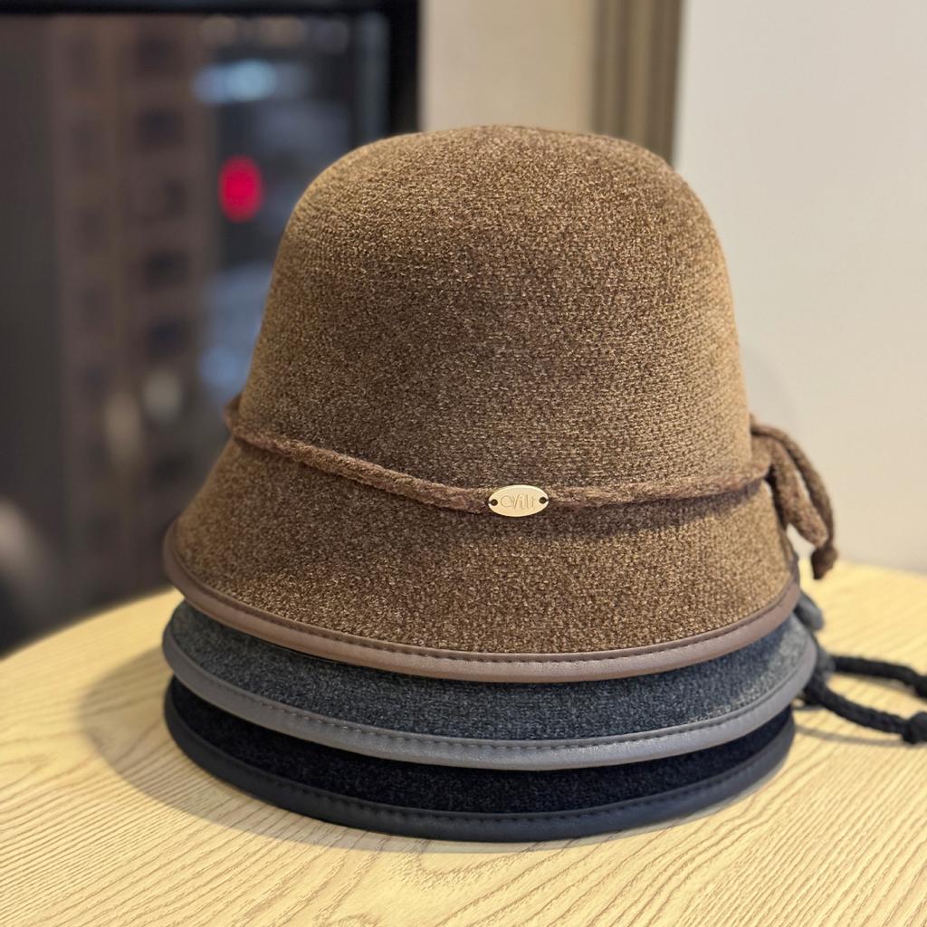 New Chenille Fisherman Hat for Women In Autumn and Winter Temperament Warm Basin Hat Simple Solid Color Bow Bucket Hat Trendy