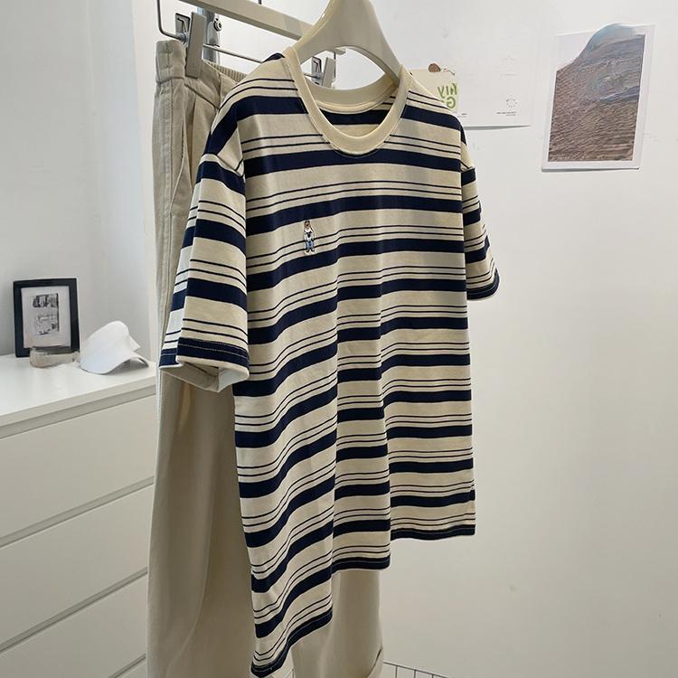 harajuku cartoon embroidery short sleeve T Shirt 2025 Summer fashion stripe T-shirt casual loose Women Clothing young girls white y2k Tops streetwear
