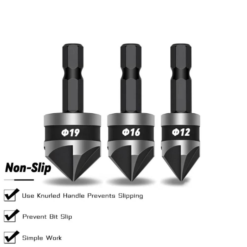 3pcs/1Set 12/16/19mm Countersink Drill Hexagonal Shank Deburring Chamfering  Woodworking Hole Opener