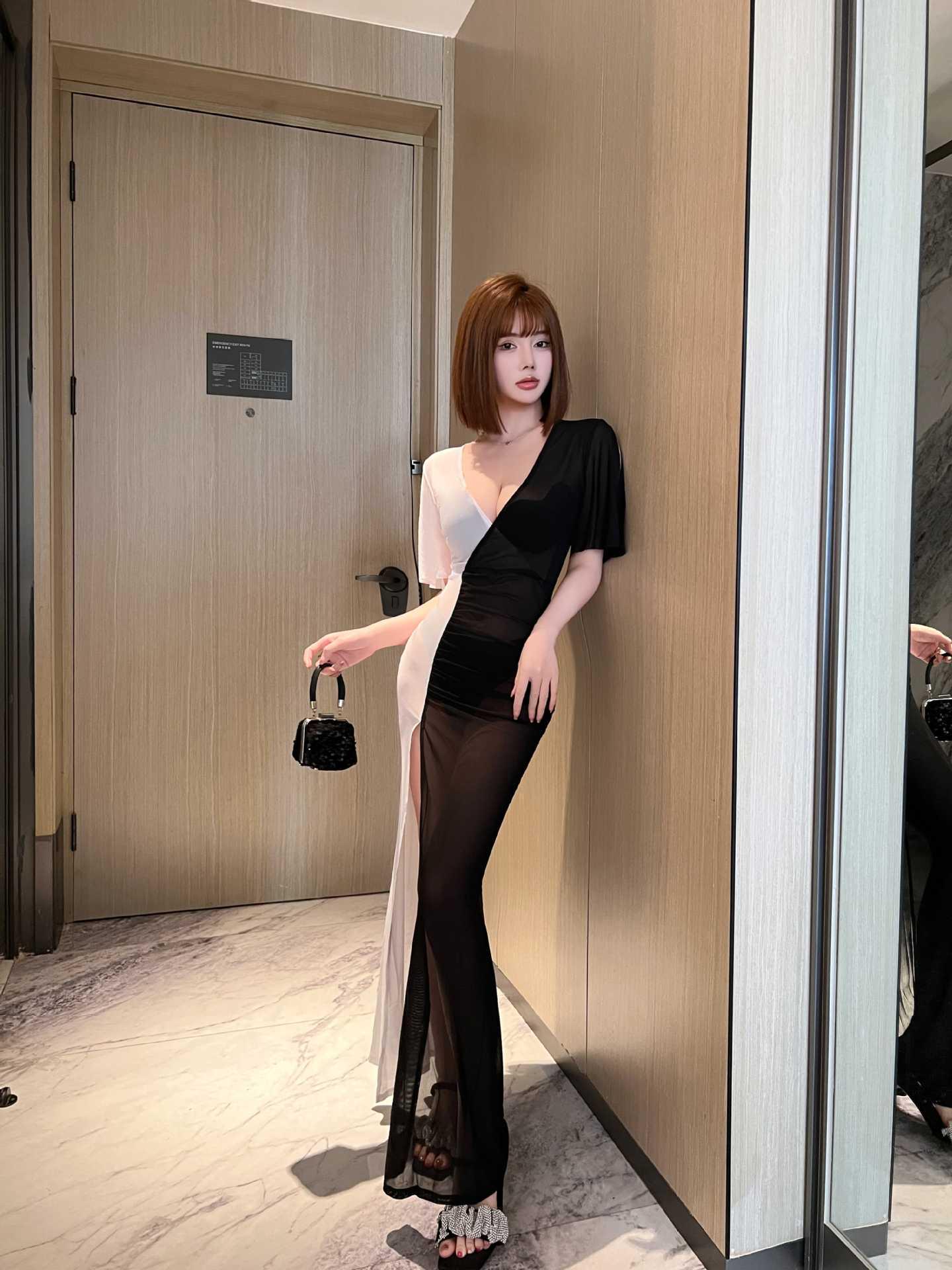 Sheer Mesh Color-Block Deep V Dress - Slimming, Waist-Cinched, Long Spa/Technician Uniform Medium