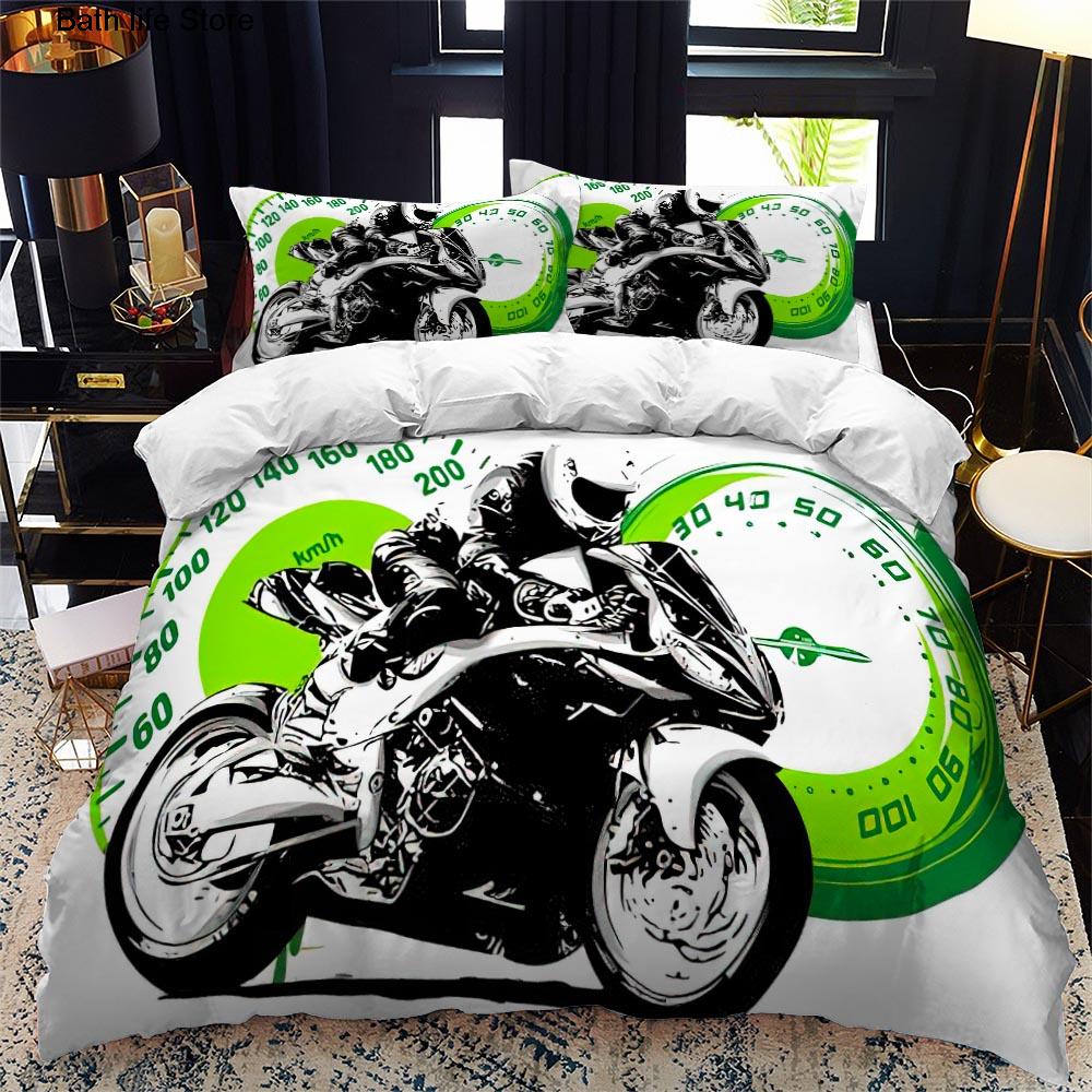 Luxury Bedding Set Motorcycle Fire Print Duvet Cover Set with Pillowcase Motocross Bedspread Boy's Bed Set