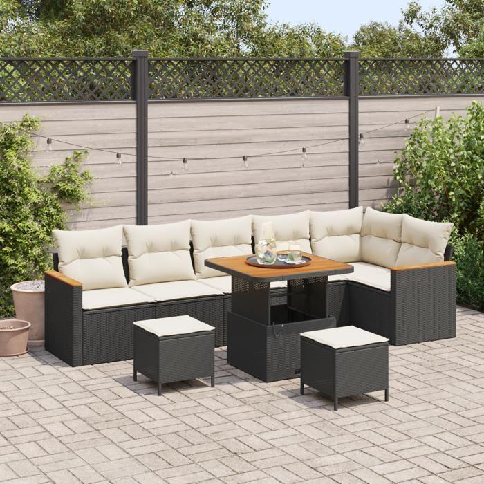 Canapé de jardin 9 pièces avec coussins en poly rattan noir Acacia, Salle à manger de jardin 3 pièces avec coussins en poly 3365010