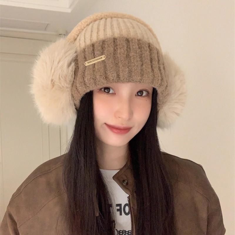Women Autumn Winter  New Knitted Beanie Cap Korean Version Thickened Warm Color Matching Couple Student Fashion Wool Hat Men