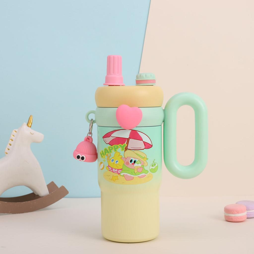 High value cartoon cute fun straw cup double layer 316 stainless steel thermal insulation water cup household handle coffee cup