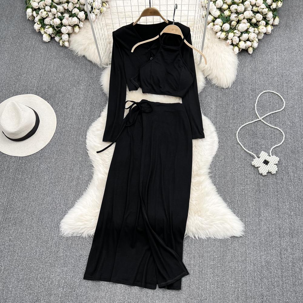 Fashion Suit Female Halter Camisole Three-Piece Set V-Neck Shawl Coat High Waist Split Skirt Autumn