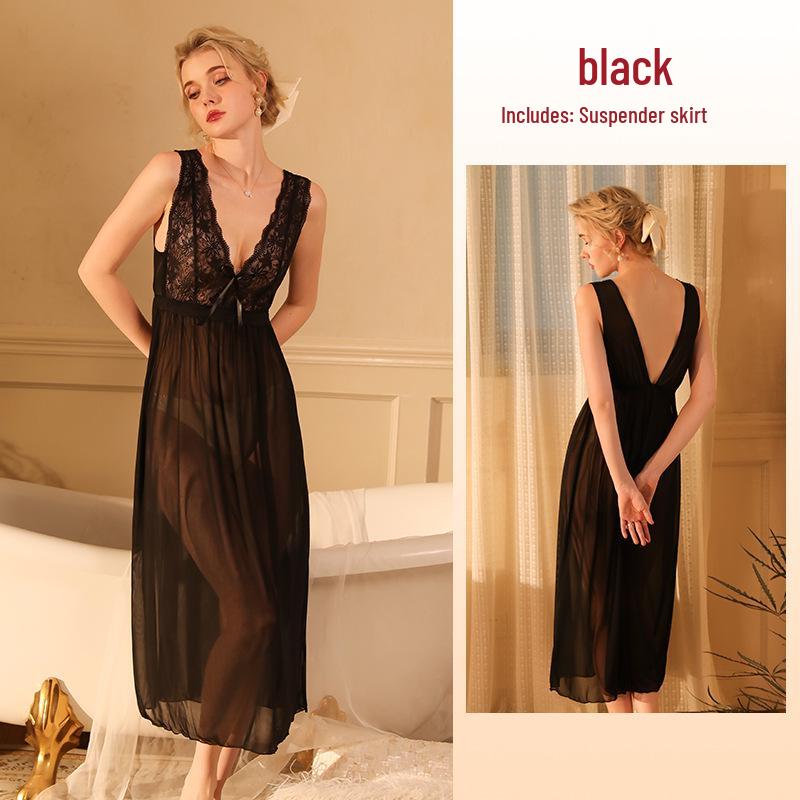 Elegant French Lace Deep V-neck Mesh Nightgown with Bow and Waist-Cinching Design