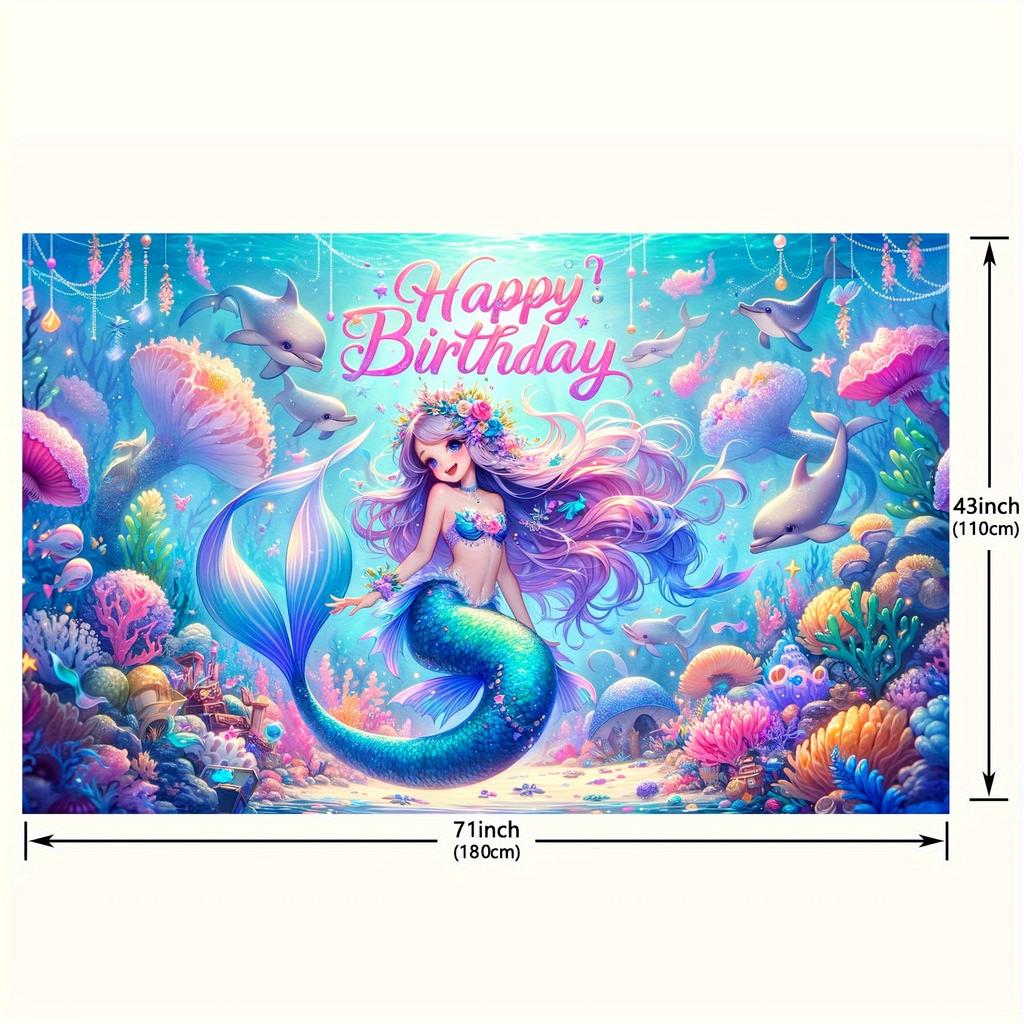 Mermaid Happy Birthday Background Photo Props, Happy Birthday Polyester Banner Decoration, Birthday Party Wall Decoration