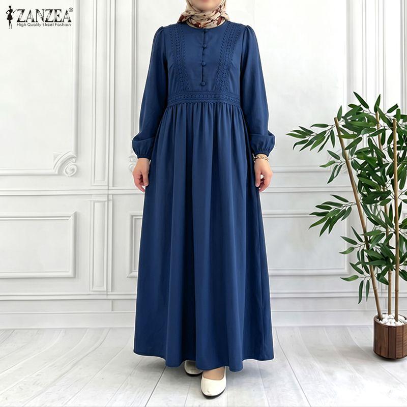 ZANZEA Abito Musulmano Casual da Donna con Scollo Rotondo, Manica Lunga Larga