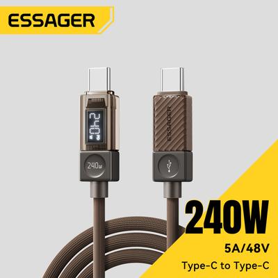Essager كابل Type C إلى Type C إلى USB C بقوة 100 واط/240 واط 5 أمبير PD للشحن السريع لـ Macbook Xiaomi Samsung كابل بشاشة رقمية