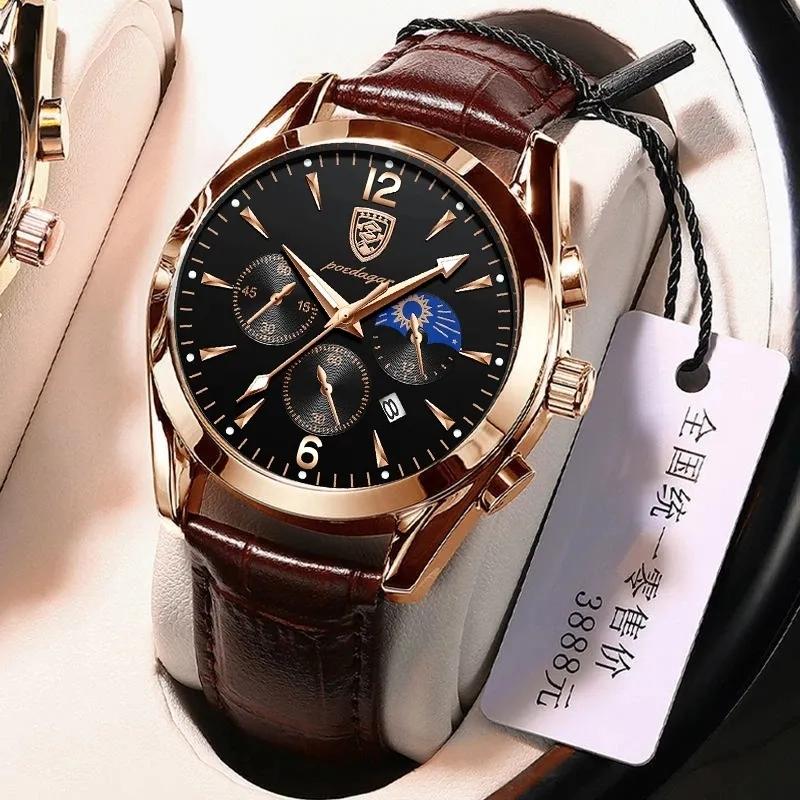 Poedagar 829 Luxury Men Watch Chronograph Quartz Movement Leather Band Waterproof Luminous Business Casual Wristwatch