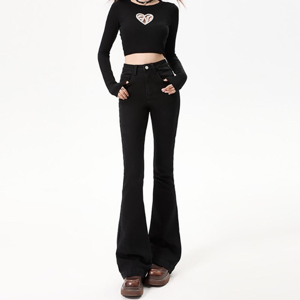 

Осень новые эластичные женские текстурные расклешенные брюки Spice Girl, стройнящие, для通勤, универсальные и тонкие простые джинсы 2XL чёрный