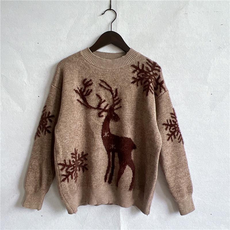 Autumn and Winter Round Neck Long Sleeved Christmas Sweater New Year Snowflake Deer Jacquard Knitted Pullover 3572