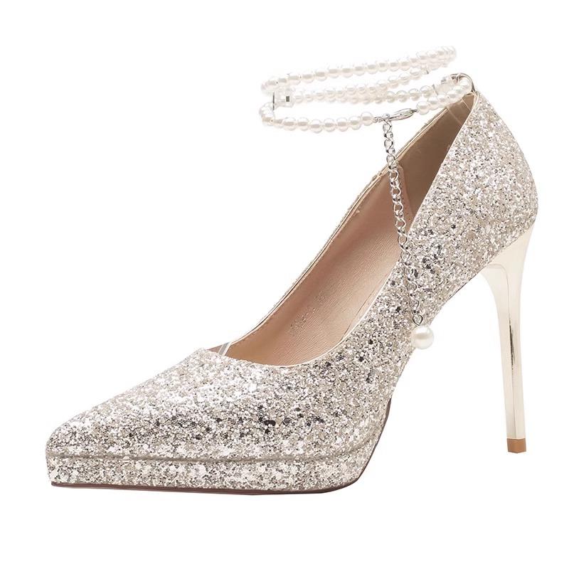 Thin Heel Shoes Women's Pointy Shallow Mouth Full Sequin Bead Set Foot Anti-slip Wear-resistant High Heels