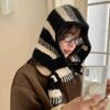 Autumn and Winter Color Matching Knitted Ear Protection Neck Hooded Scarf Ruth Versatile Thickened Striped Wool Hat Atmosphere
