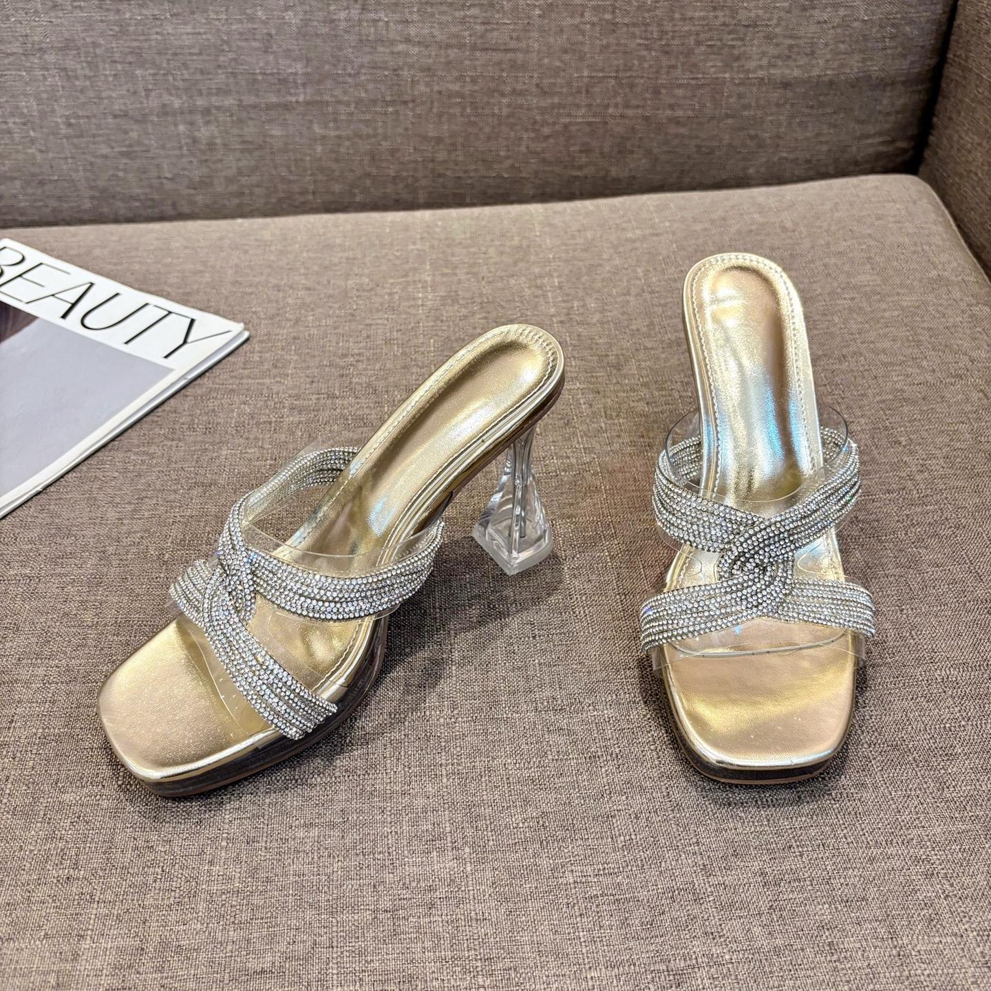 

Женские сандалии со стразами, прозрачные тапочки из ПВХ, каблук 12 см, квадратный открытый носок, повседневные туфли для вечеринок 40