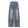 European, American high street waste soil feng shui washing destroys personalized rivet jeans loose wide-leg pants